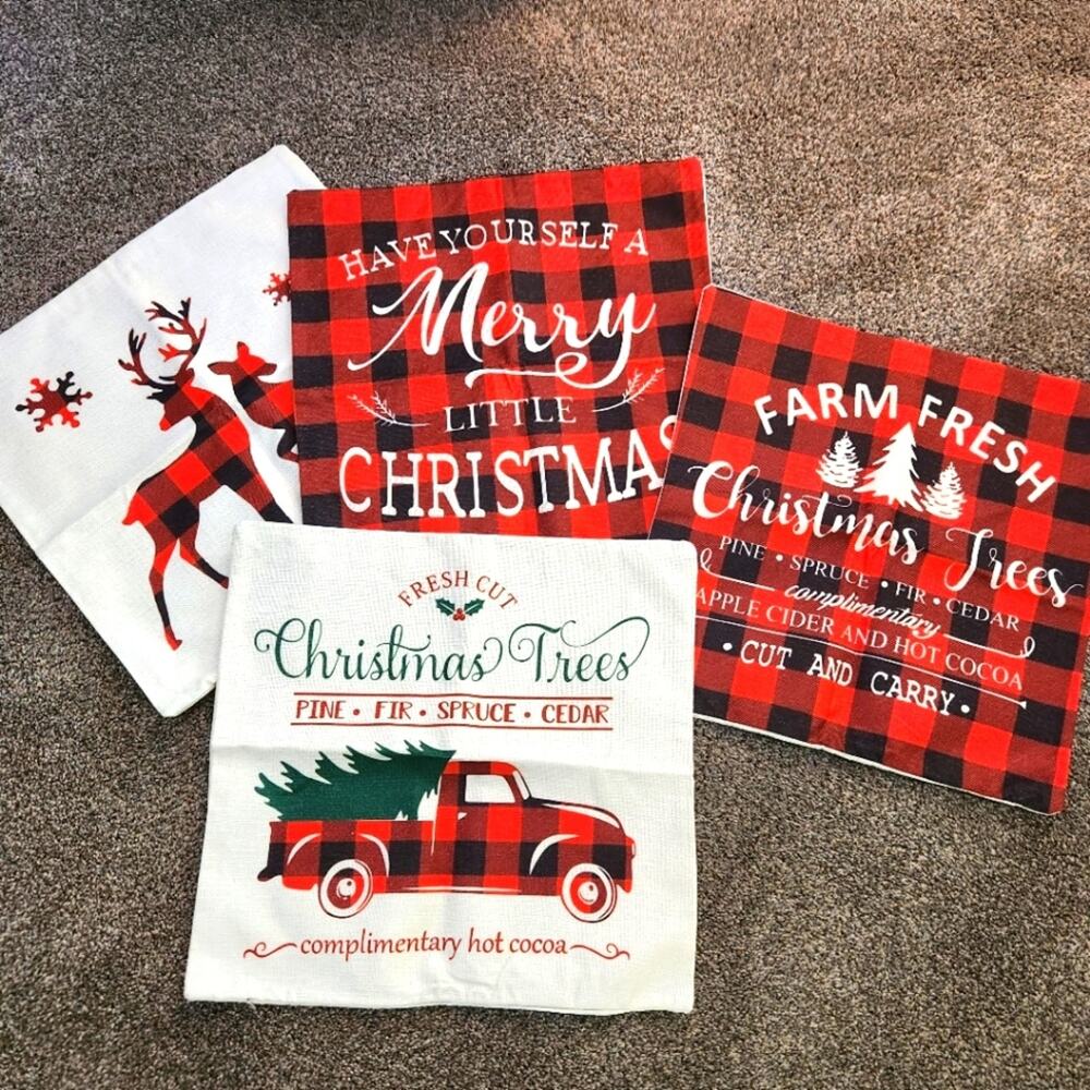 🎄 New Set of 4 Christmas Holiday Pillow Covers Buffalo Check Plaid Truck Farm